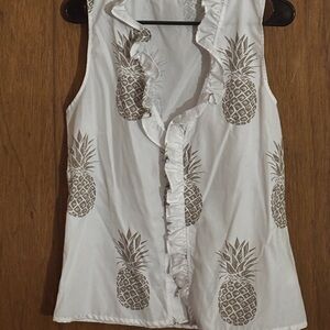White Pineapple Print Ruffle Top